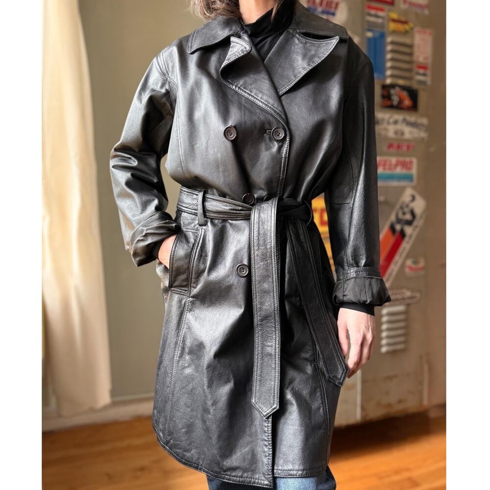 Vintage 90s Leather Trench Coat | Black Double Breasted Long Jacket | L
